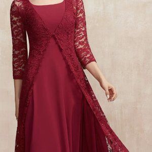 A-line Square Tea-Length Chiffon Mother of the Bride Dress - size 14